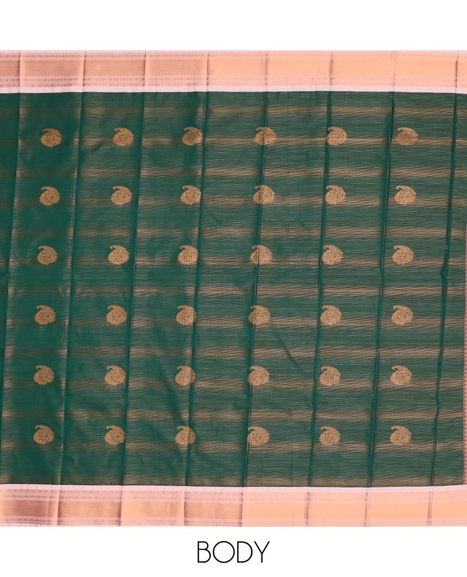 Green zari buttas and striped gift saree, contrast traditional zari design border, and jaal pallu