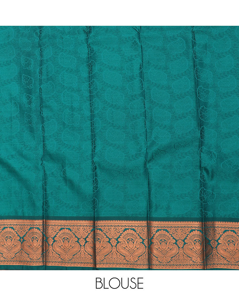 Peach floral jaal jacquard gift saree, contrast traditional zari design border, and intricately zari woven pallu