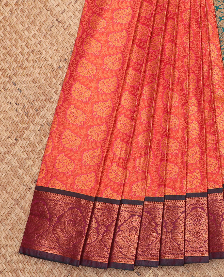 Peach floral jaal jacquard gift saree, contrast traditional zari design border, and intricately zari woven pallu