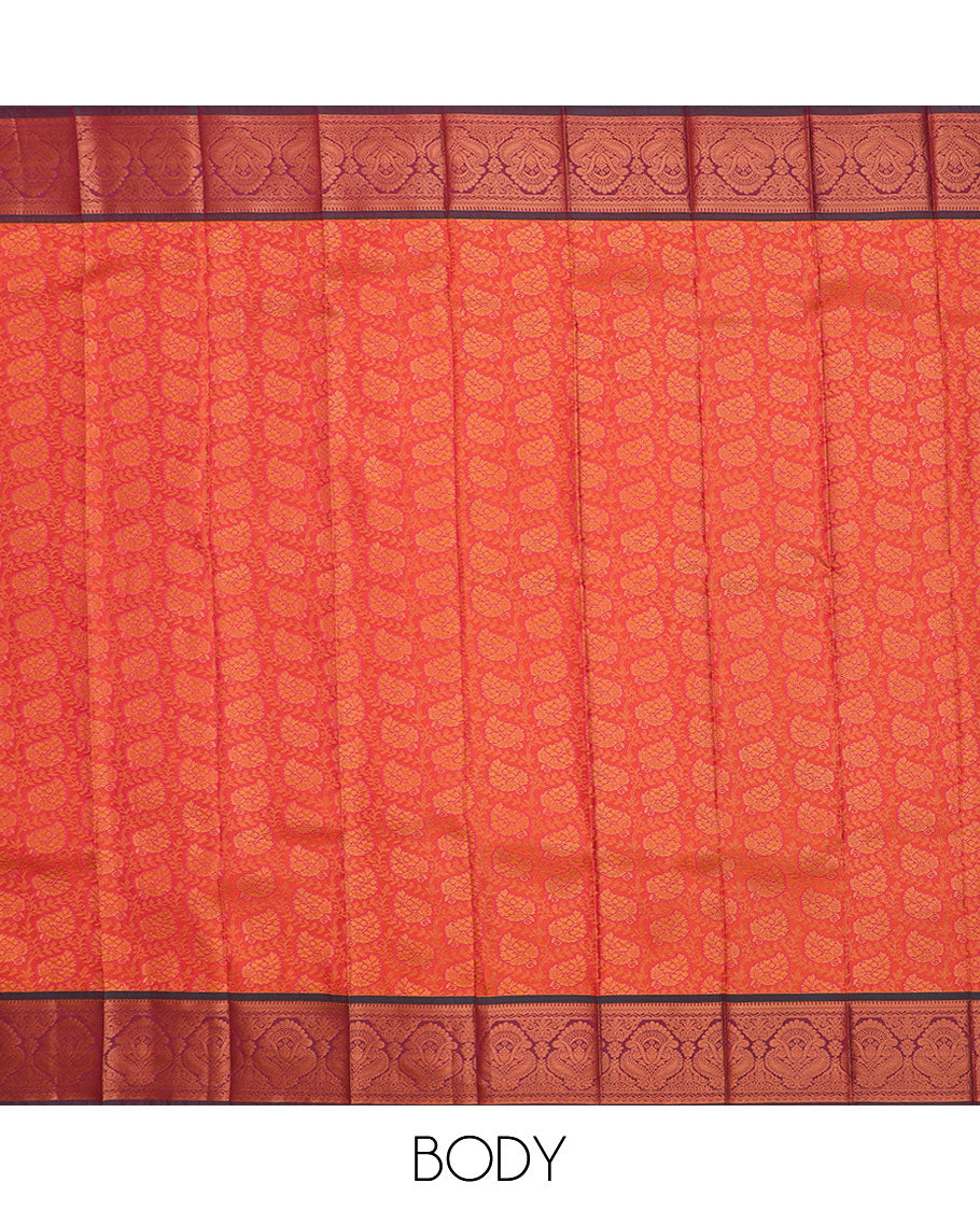 Peach floral jaal jacquard gift saree, contrast traditional zari design border, and intricately zari woven pallu