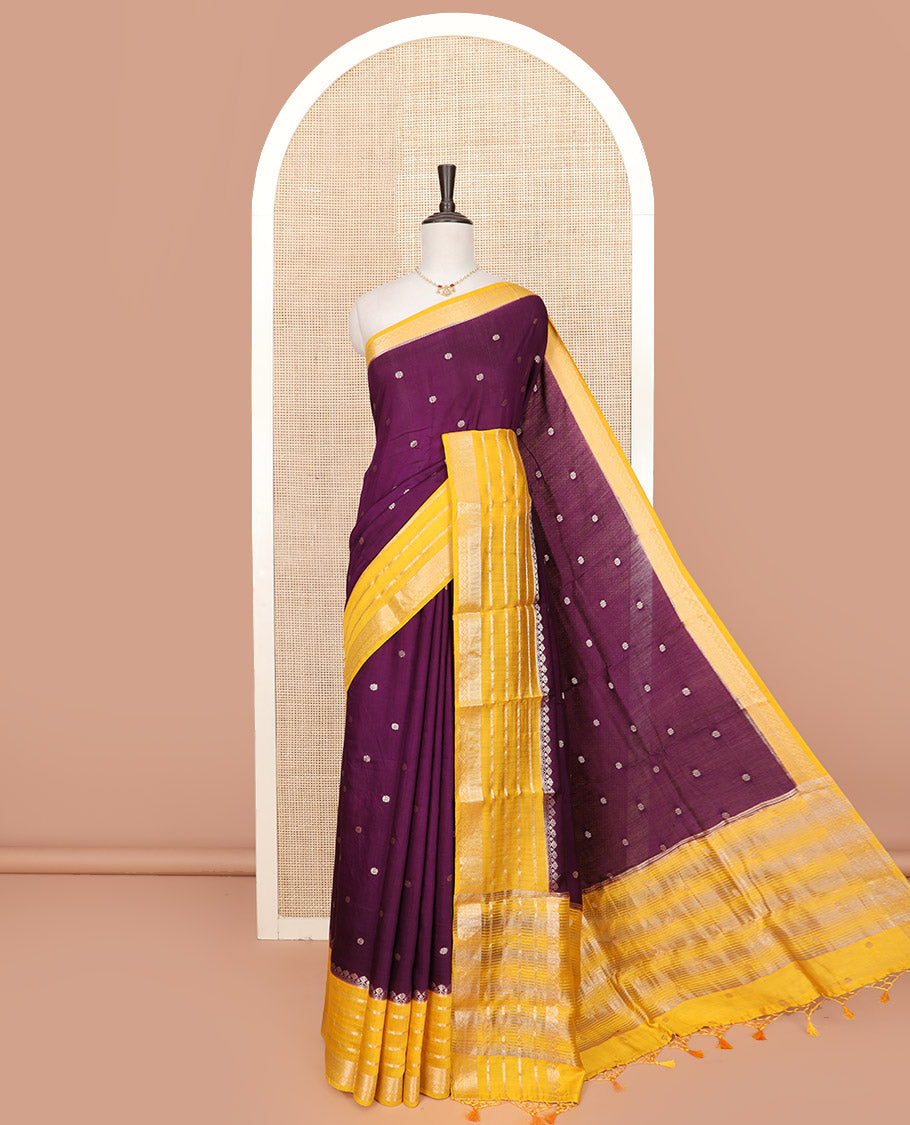 Purple Assam Silk Saree Beautified with Floral Zari Buttas, Complemented by a Contrast Traditional Zari Design Border, a Captivating Pallu Featuring Zari Designs, and Paired with a Contrast Blouse
