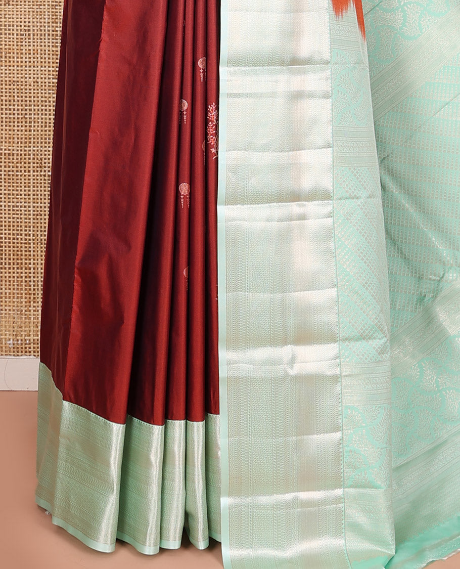 Red Budget Silk Saree, Prettified with Zari Buttas All Over Its Body, Complemented by a Contrast Traditional Zari Designs Woven Border, Opulently Embellished Pallu, and Paired with a Contrast Blouse