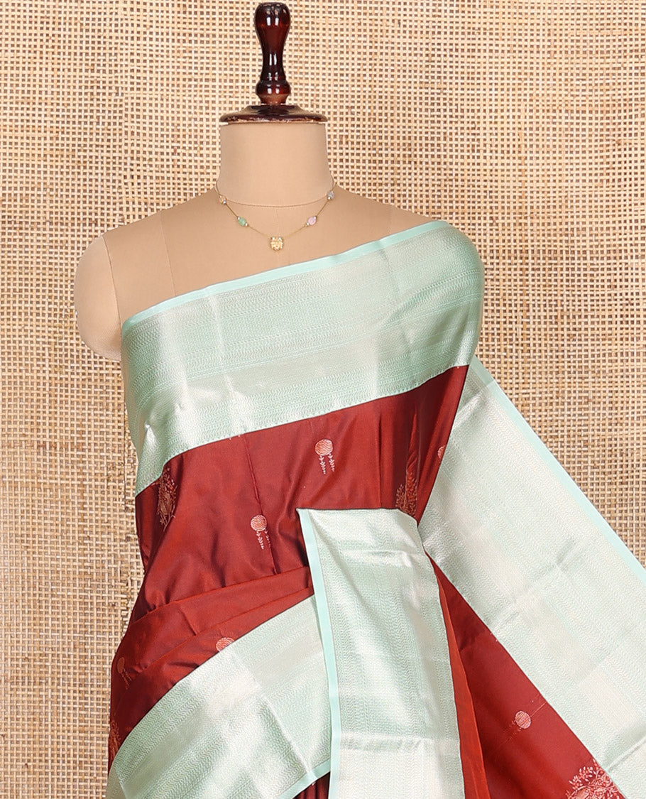 Red Budget Silk Saree, Prettified with Zari Buttas All Over Its Body, Complemented by a Contrast Traditional Zari Designs Woven Border, Opulently Embellished Pallu, and Paired with a Contrast Blouse