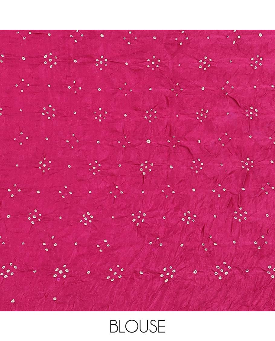 Beige scallop printed bandhani silk saree, contrast bandhani dotted border, and dots enclosed thick zari checked pallu