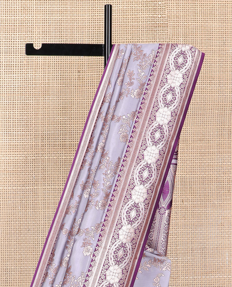 Grey floral jaal design butter silk saree with contrast floral zari design border & floral design pallu