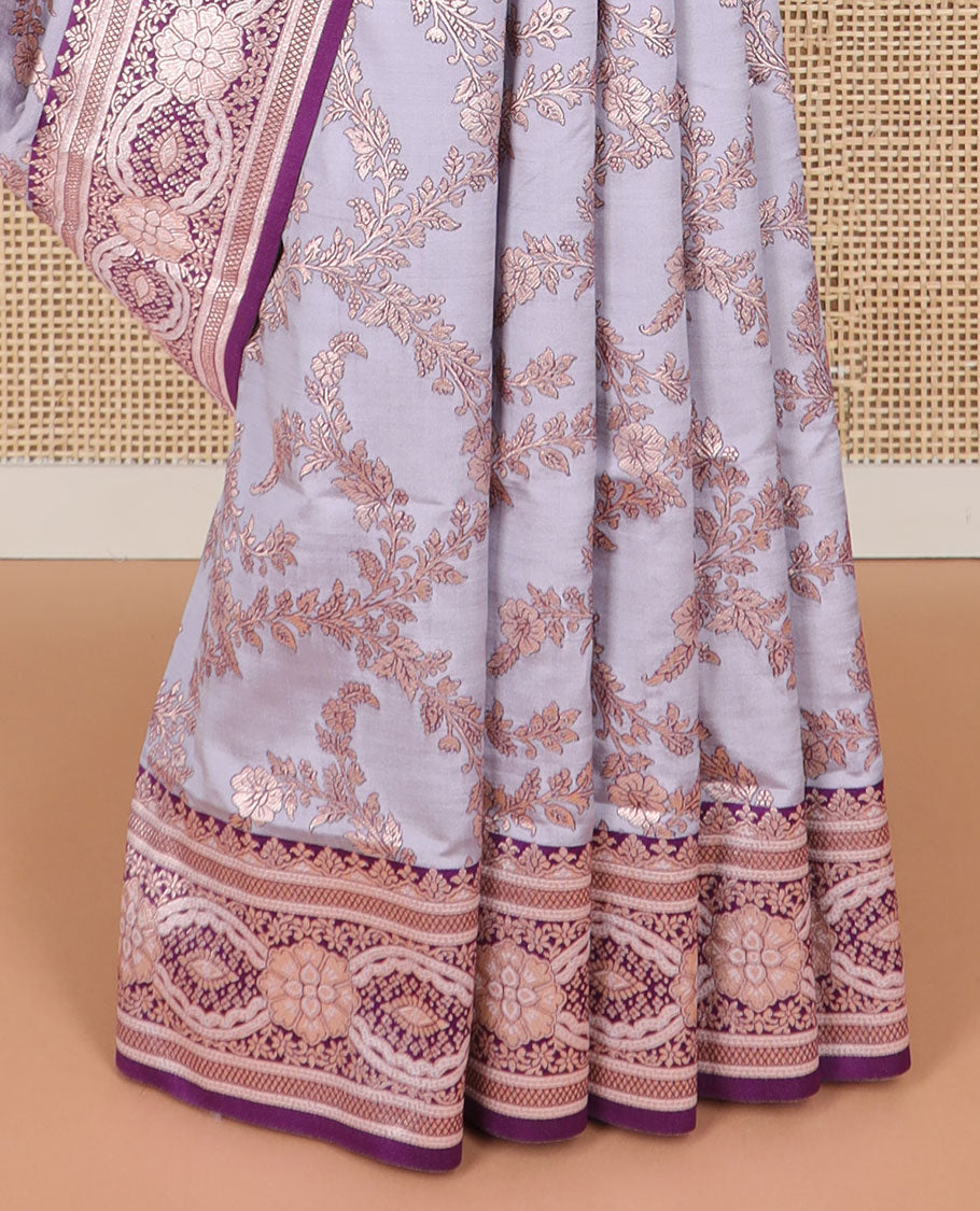 Grey floral jaal design butter silk saree with contrast floral zari design border & floral design pallu