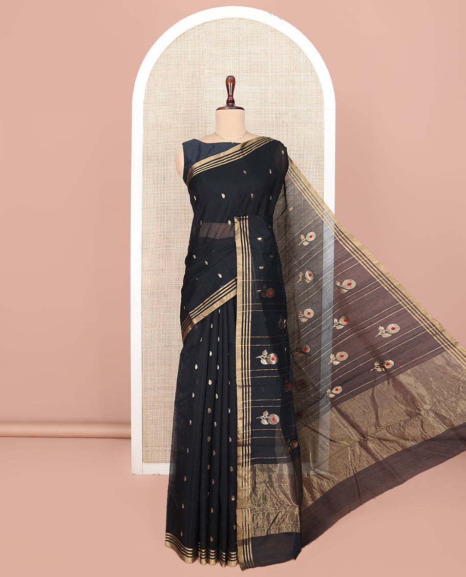 Black Chanderi Cotton Saree, Decorated with Paisley Buttas All Over Its Body, Highlighted by Zari Border, Pallu of Floral and Stripes, and Paired with a Matching Blouse