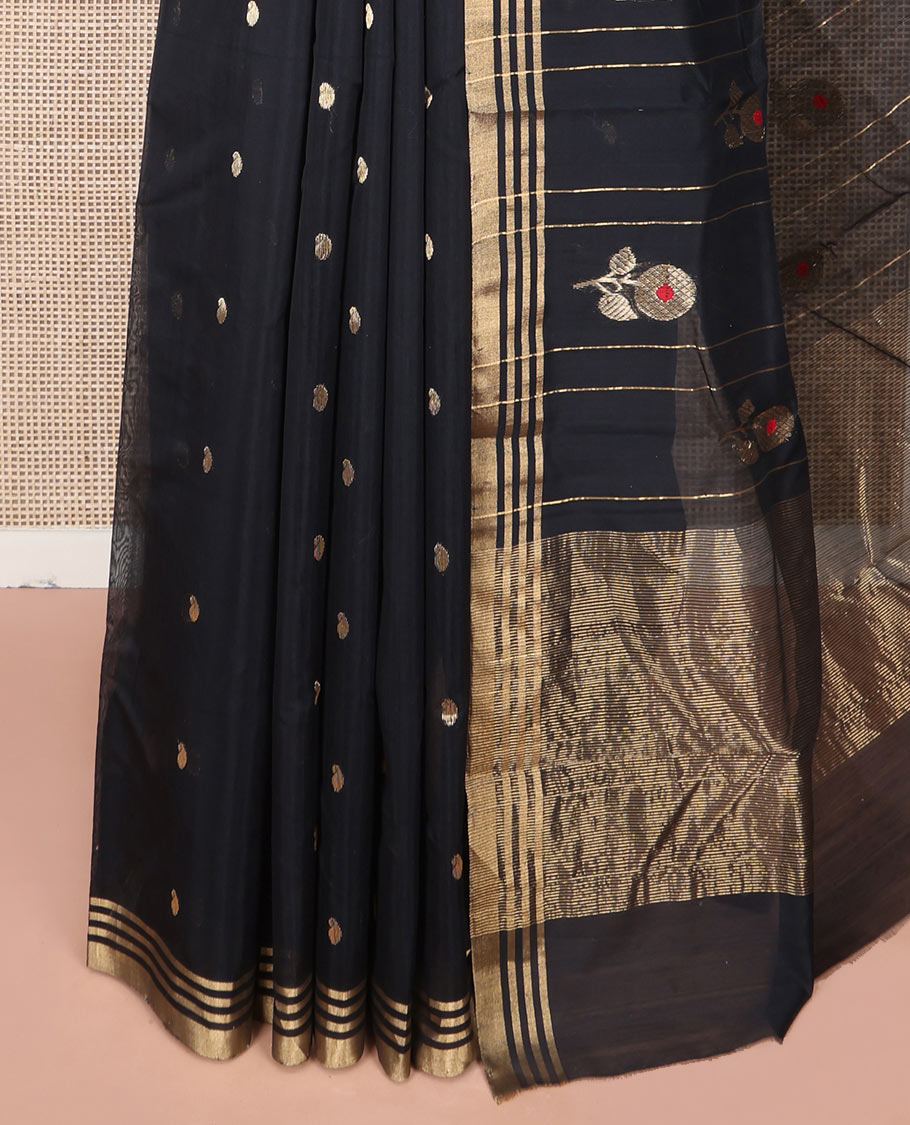 Black Chanderi Cotton Saree, Decorated with Paisley Buttas All Over Its Body, Highlighted by Zari Border, Pallu of Floral and Stripes, and Paired with a Matching Blouse