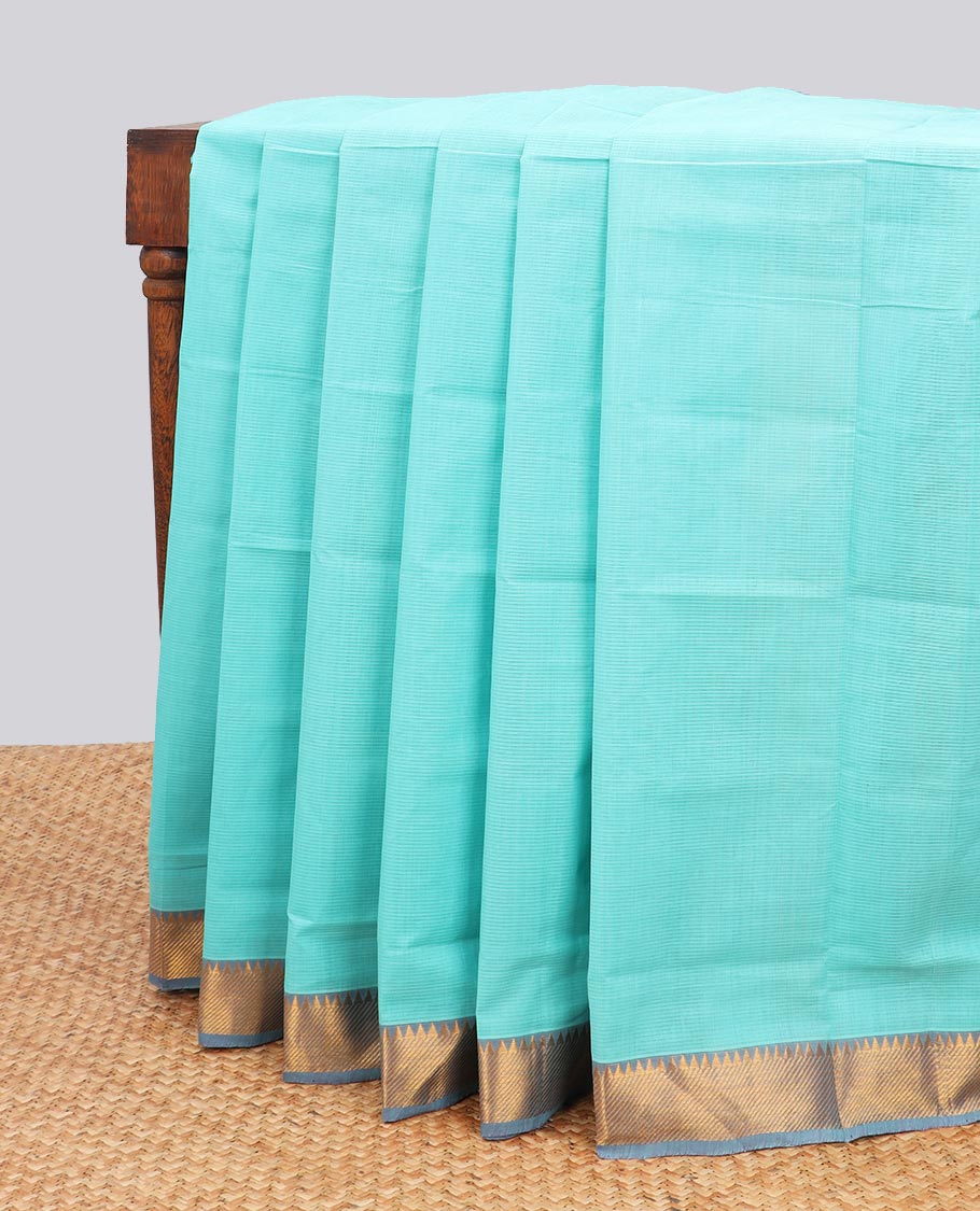 light blue striped mangalagiri cotton saree with contrast striped, temple border & striped pallu
