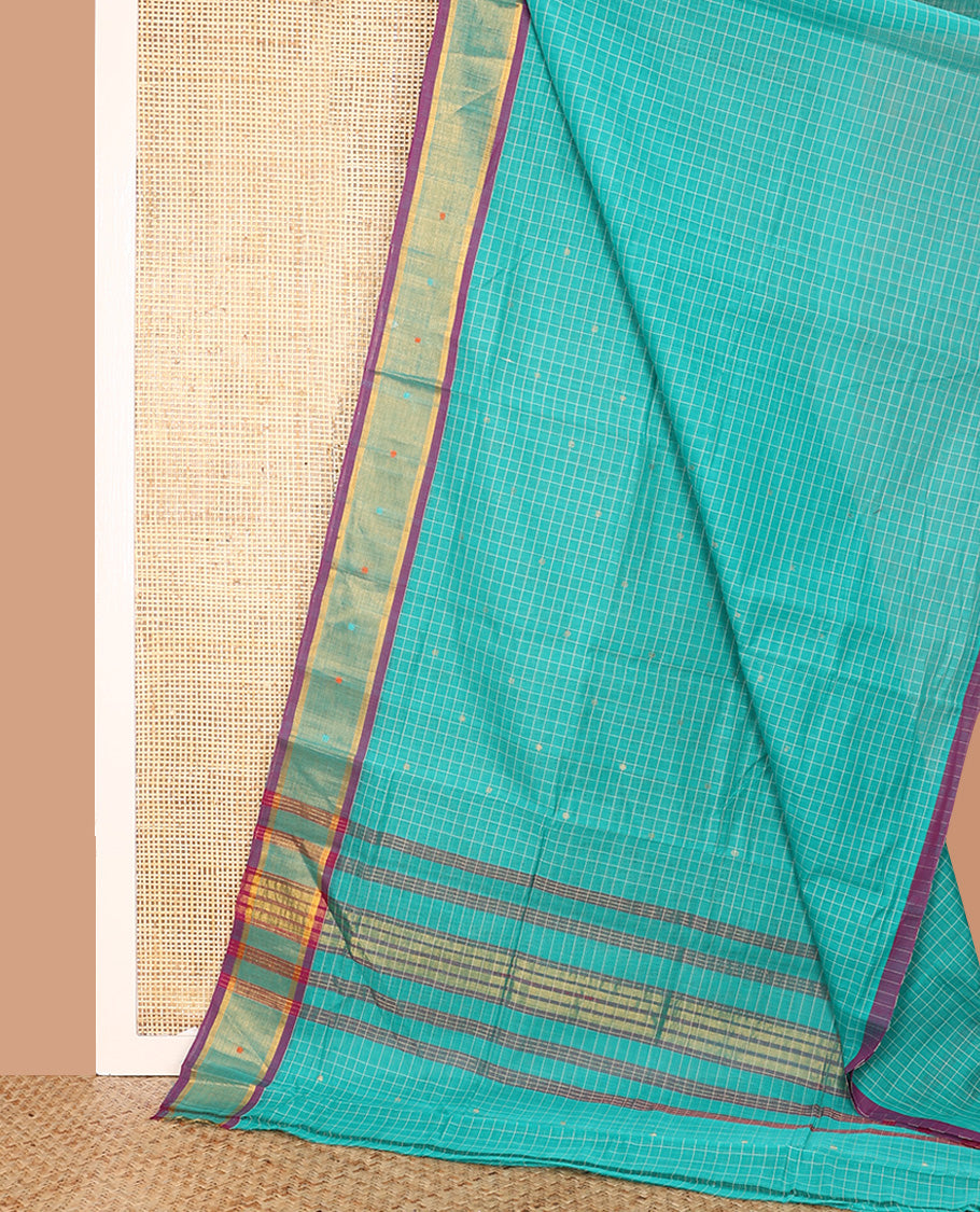 Blue Venkatagiri Cotton Saree, Detailed with Buttas and Checks on Its Body, Complemented by a Contrast Thread Border of Buttas, Striped Pallu, and Comes Without a Blouse