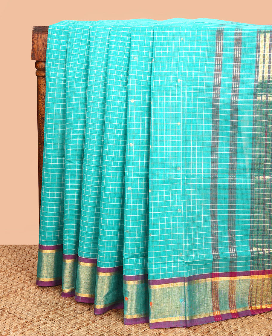 Blue Venkatagiri Cotton Saree, Detailed with Buttas and Checks on Its Body, Complemented by a Contrast Thread Border of Buttas, Striped Pallu, and Comes Without a Blouse