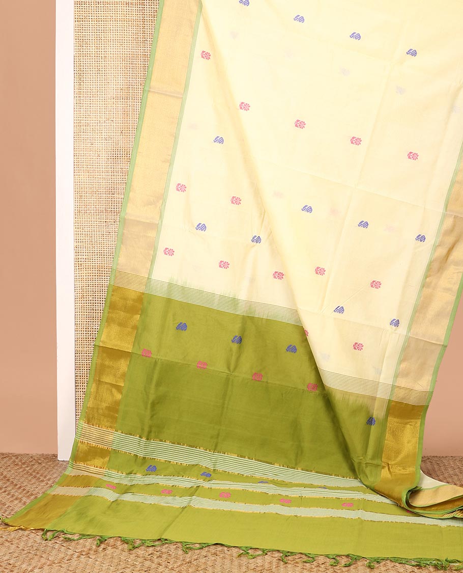 Sandal Poly Cotton Saree, Woven with Thread Buttas All Over Its Body, Complemented by a Contrast Bavanji Border, Pallu of Buttas, and Paired with a Contrast Blouse