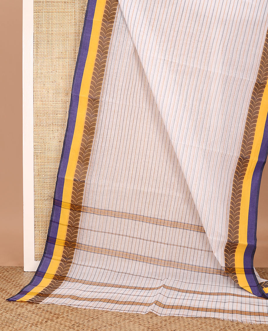 Off-white striped Bengal cotton saree, contrast border of leaf chevron designs, and striped pallu
