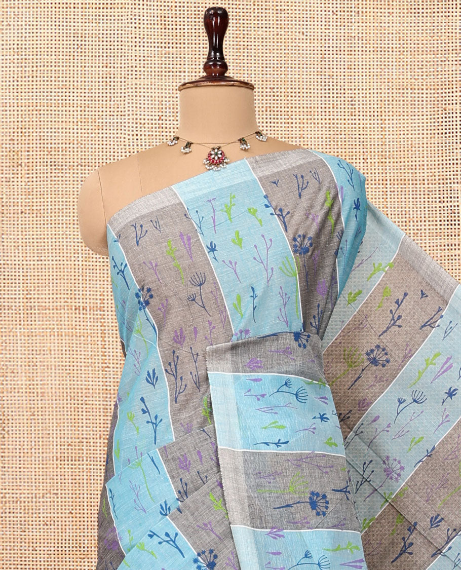 Borderless Blue-Grey Jute Cotton Saree, Steeped with Tropical Floral Print, a Subtly Striped Pallu, and a Contrast Blouse