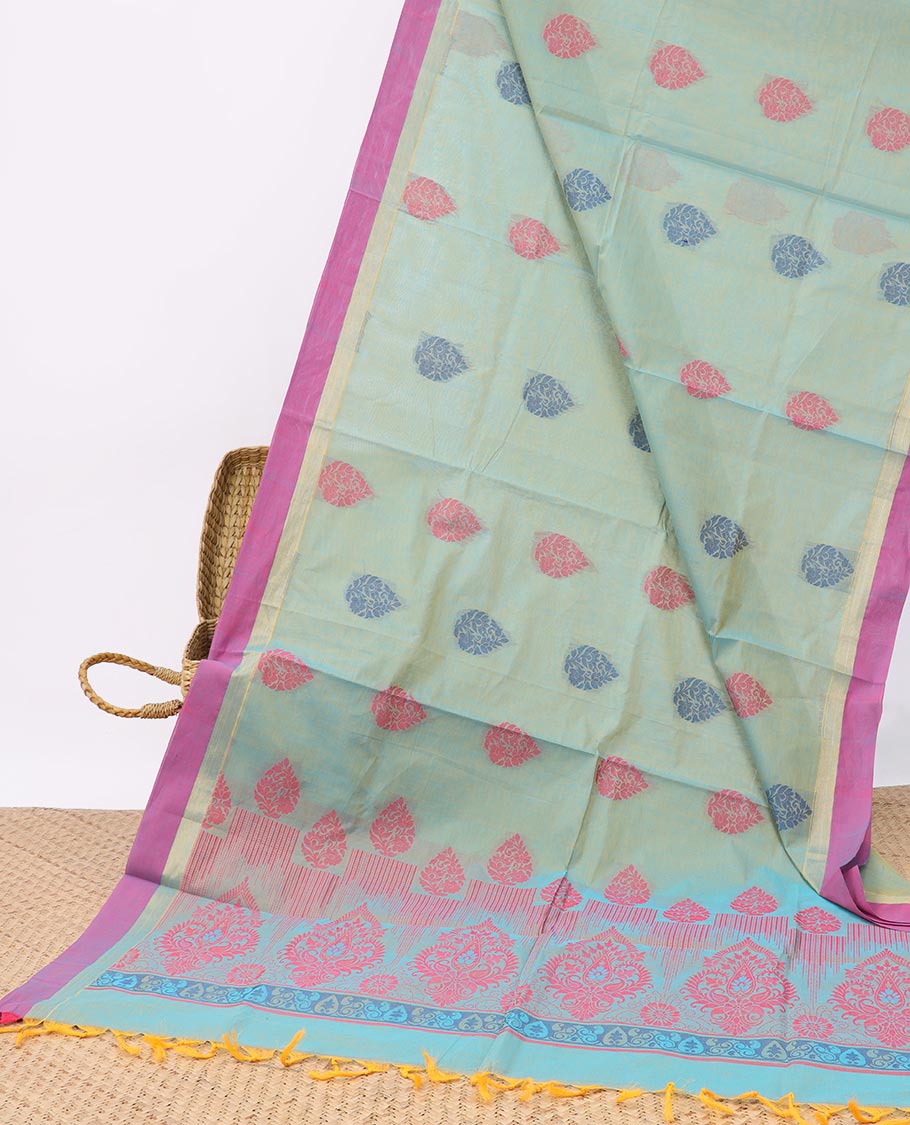 Green buttas Coimbatore cotton saree, contrast plain border & intricate pallu
