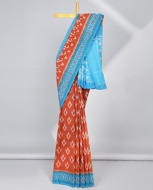 Red floral motifs ikkat cotton saree with contrast border & geometric design pallu
