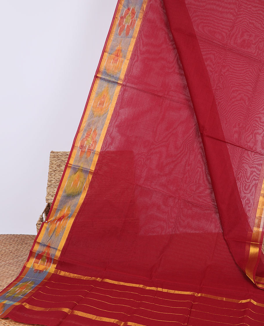 Red plain venkatagiri cotton saree with self floral design border & striped pallu