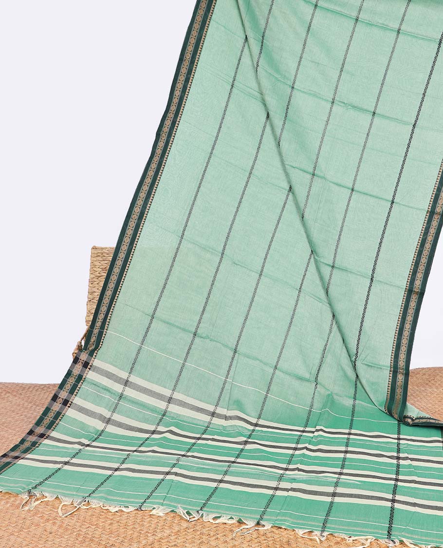Mint green striped design narayanapet cotton saree with contrast zari design border & checked pallu