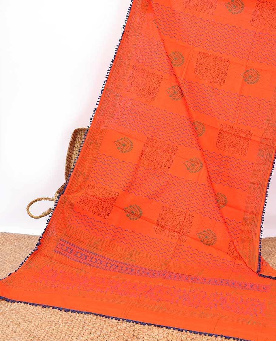 Orange geometric, floral design mul jul cotton saree with self floral design border & floral design pallu