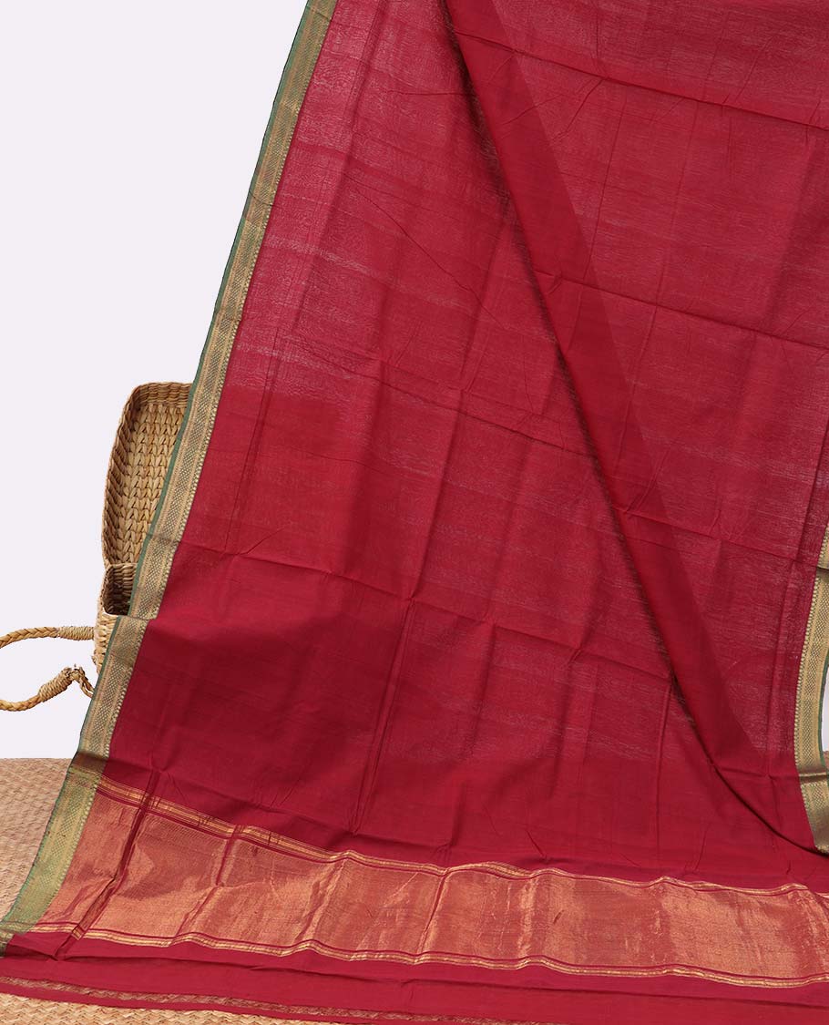 Red mangalgiri cotton saree with self zari design border & striped zari design pallu