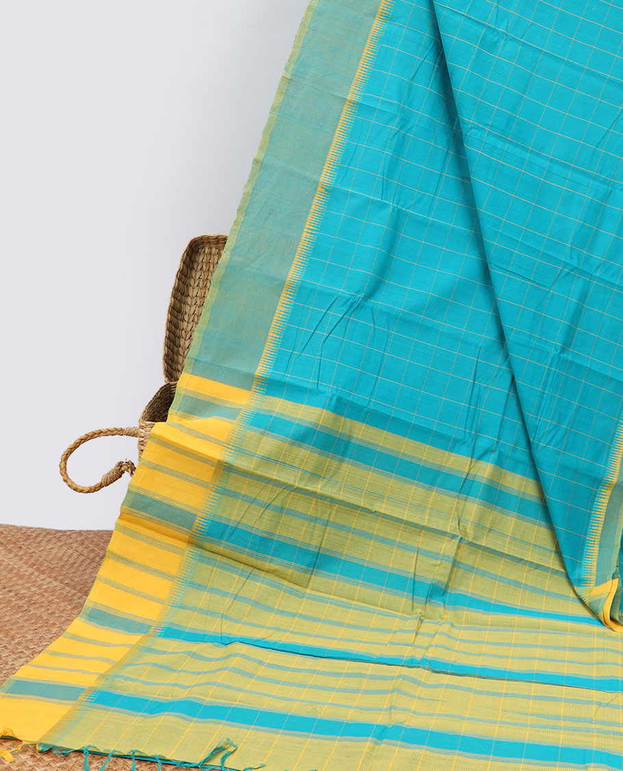 Light blue checked khadi cotton saree with contrast temple border & checked pallu