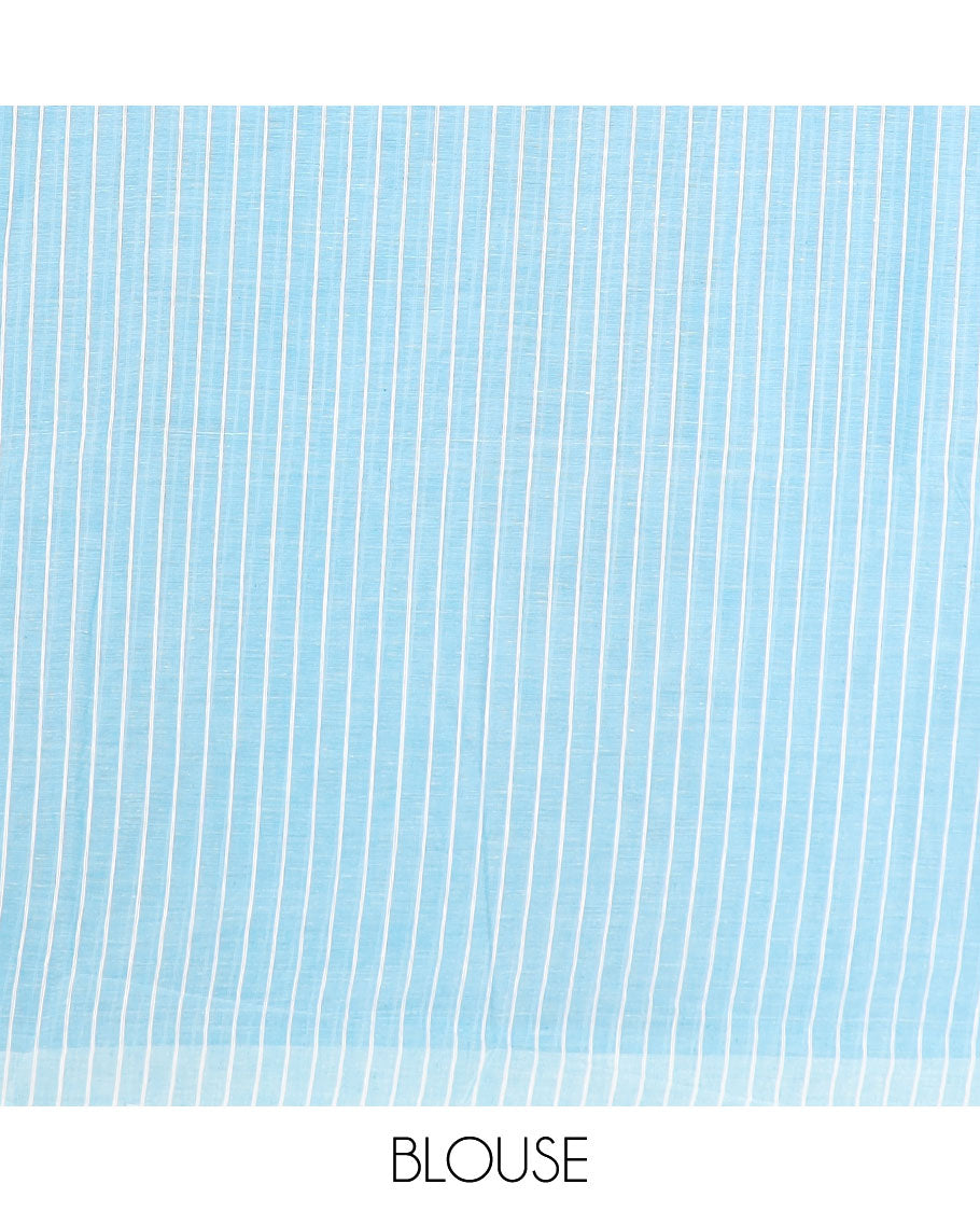 Borderless grey and blue striped jute cotton saree, striped pallu