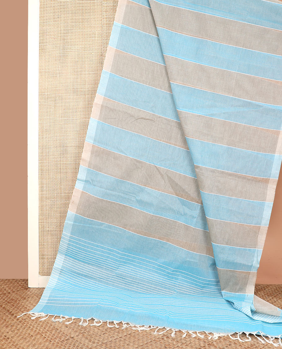 Borderless grey and blue striped jute cotton saree, striped pallu
