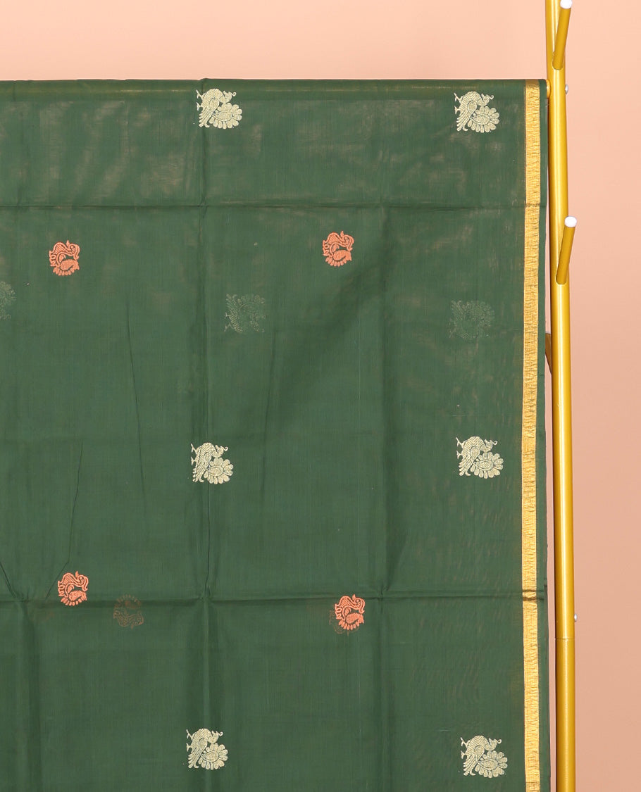 Green Venkatagiri Cotton Saree Features Peacock Buttas, a Contrast Zari Border, Pallu of Peacock Buttas and Stripes, and No Blouse