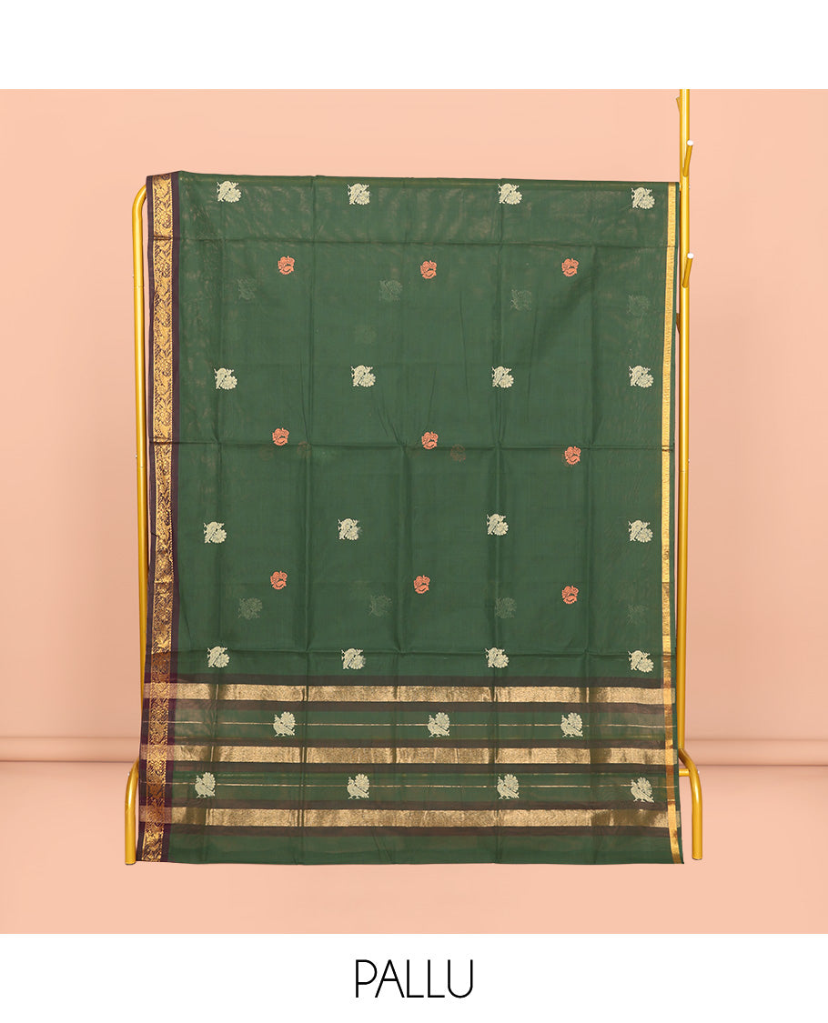 Green Venkatagiri Cotton Saree Features Peacock Buttas, a Contrast Zari Border, Pallu of Peacock Buttas and Stripes, and No Blouse
