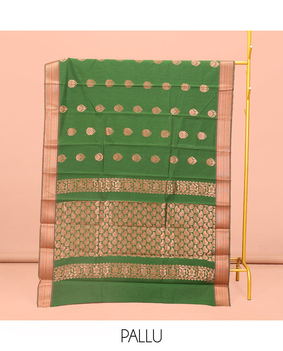 Green Semi-Silk Cotton Saree, Bedecked with Zari Buttas All Over Its Body, Highlighted by a Traditional Zari Border, Pallu of Paisley Designs, and Paired with a Matching Blouse