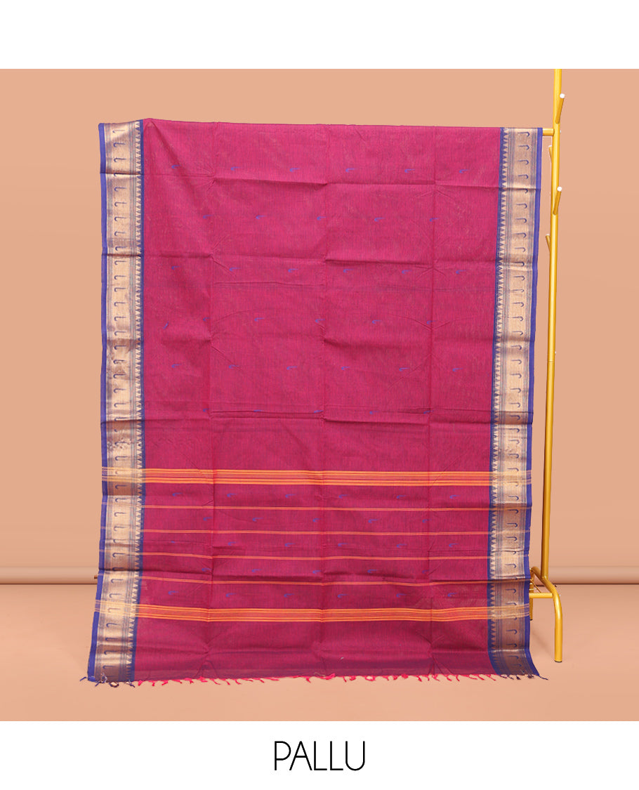 Pink Chettinad Cotton Saree, Steeped with Muniya Buttas On Its Body, Complemented by a Contrast Traditional Muniya Border, Pallu of Stripes, and Paired with a Matching Blouse