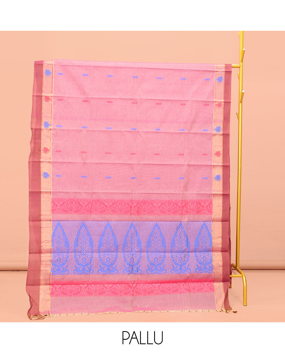 Pink Kanchi Cotton Saree, Adorned with Buttas All Over Its Body, a Complemented by Contrast Border, Pallu of Intricate Designs, and Paired with a Matching Blouse