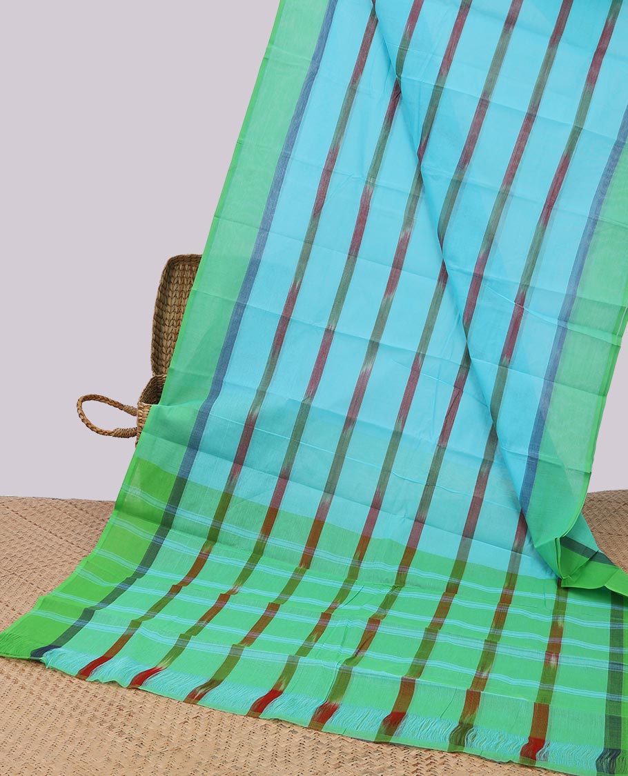 Light blue striped chirla cottton saree with contrast border & checked pallu