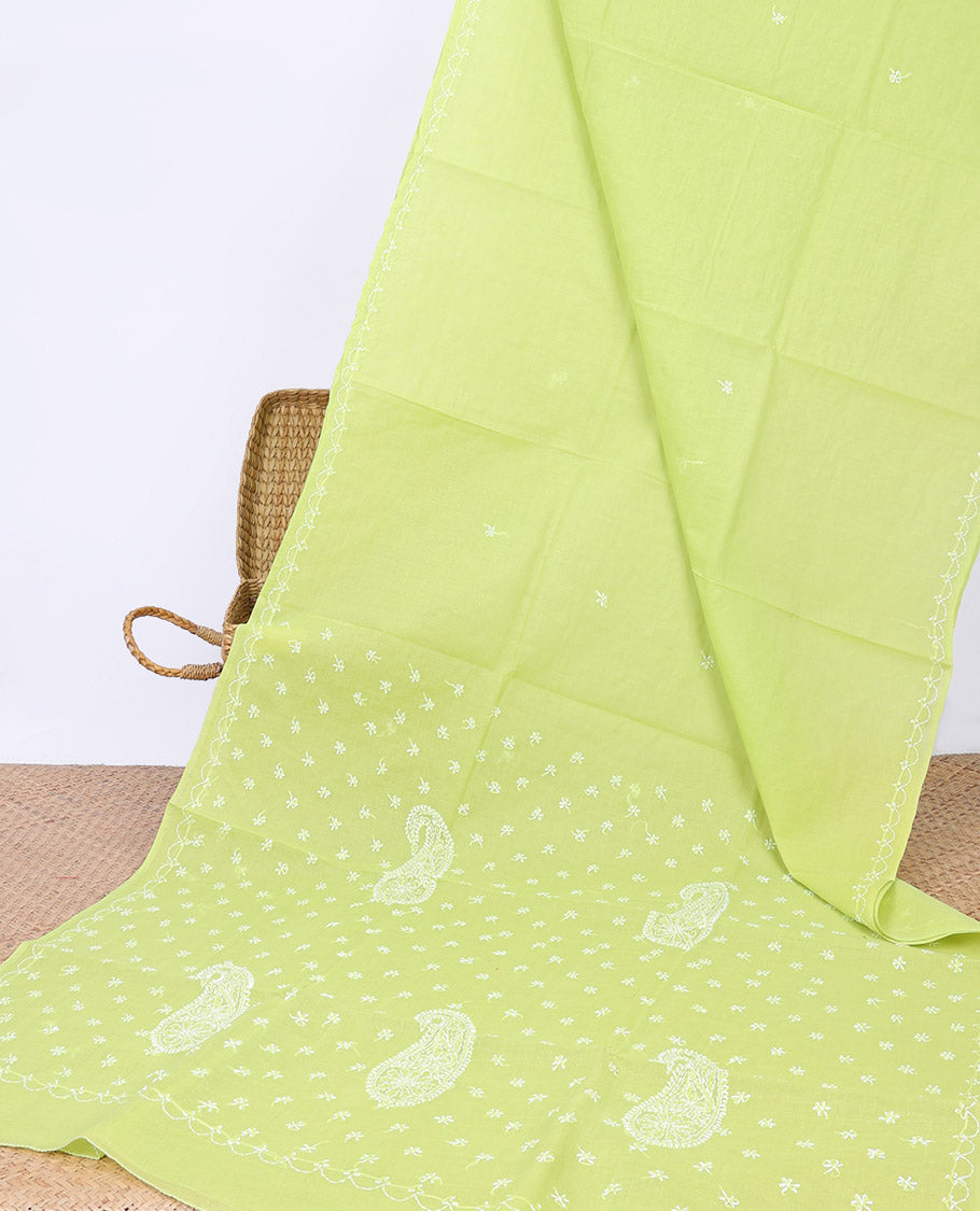 Green floral embroidery lucknowi chikankari cotton saree,self-border & pallu of floral & paisley embroidery