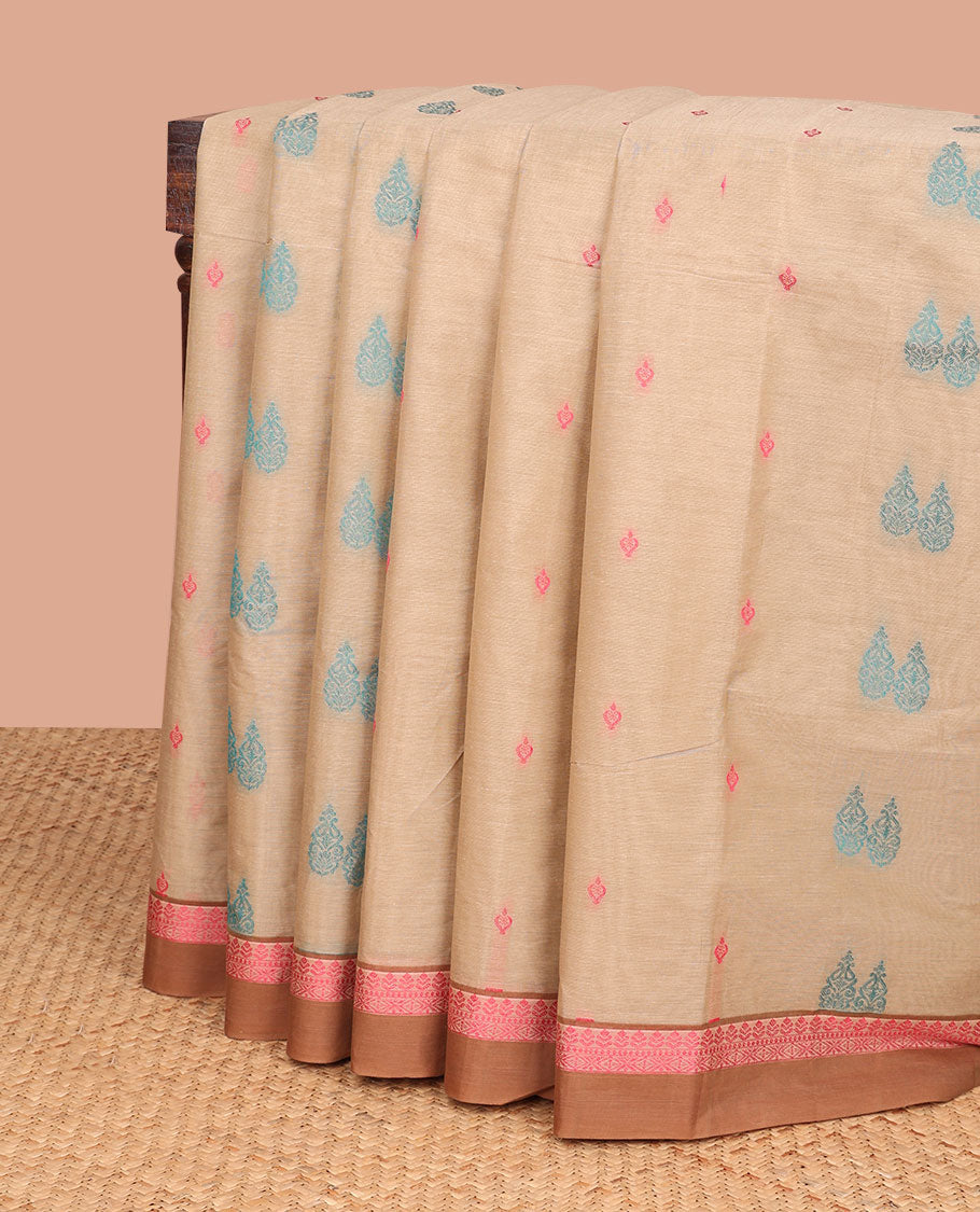 Light brown all-over floral design coimbatore cotton saree with contrast floral design border
