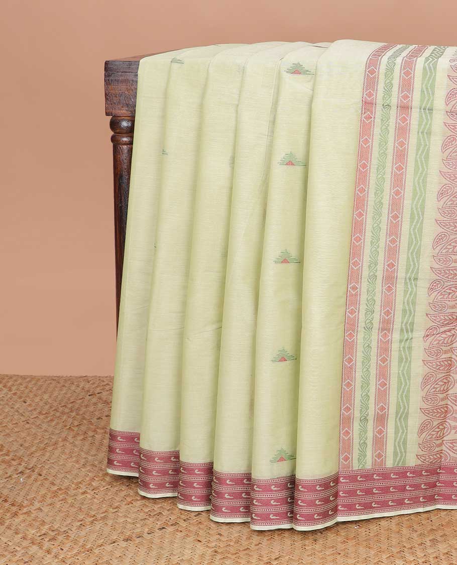 Mint green triangle design kanchi cotton saree with contrast floral design border & floral design pallu