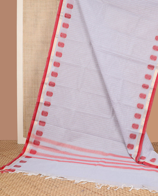 White striped Chettinad cotton saree, contrast traditional zari border & pallu of stripes