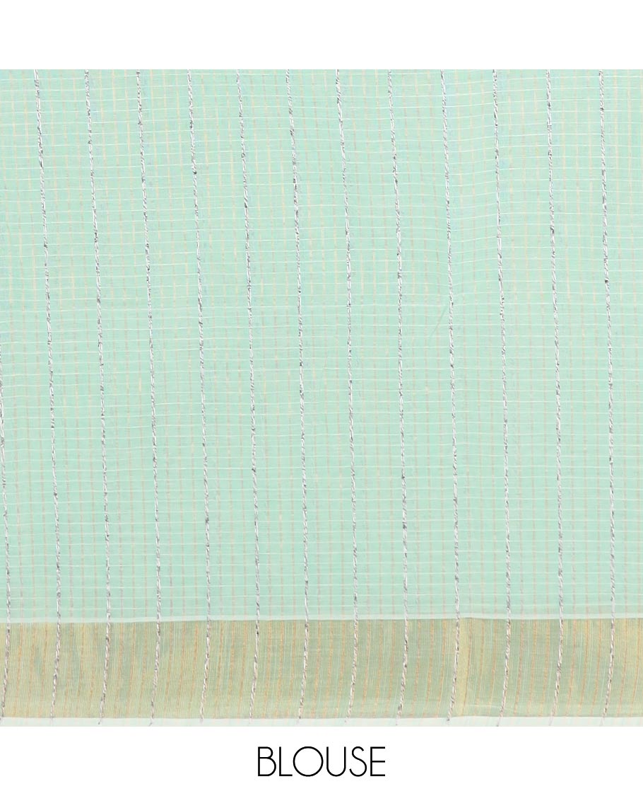 Pastel green striped jute cotton saree, zari border, and striped pallu