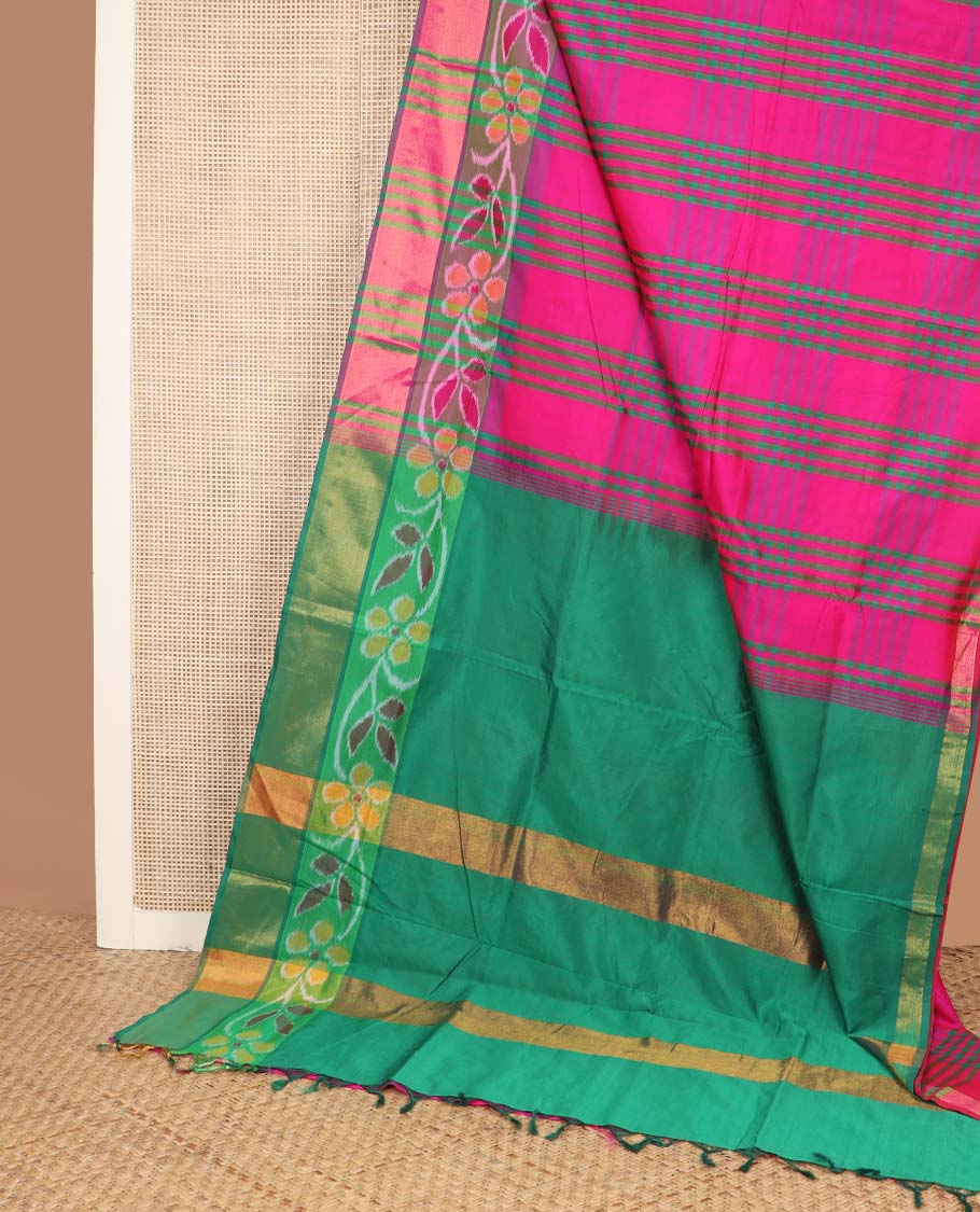 Pink checked design poly cotton saree, floral creeper border, and thick zari striped pallu