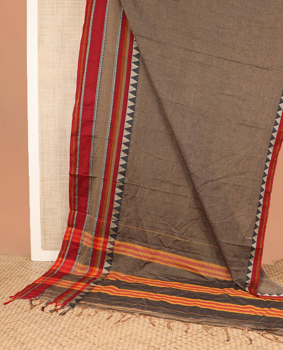 Brown plain Narayanapet cotton saree, contrast temple motifs woven big down border, and striped pallu