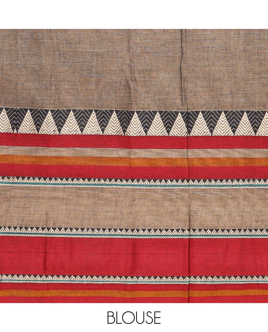 Brown plain Narayanapet cotton saree, contrast temple motifs woven big down border, and striped pallu