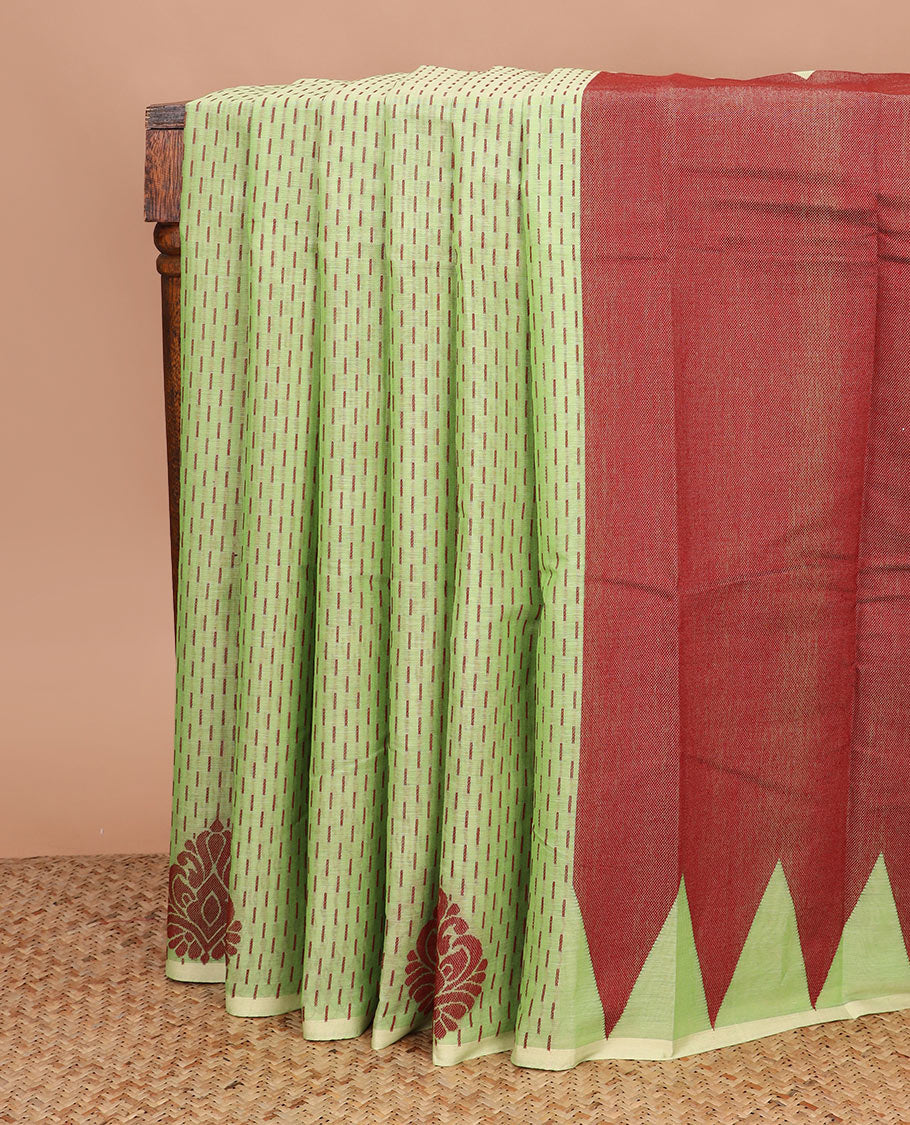 Borderless green unique buttas kanchi cotton saree, contrast temple design pallu