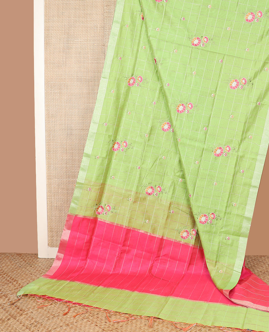 Parrot green checked with floral embroidered chirala cotton saree, plain border, and contrast striped pallu