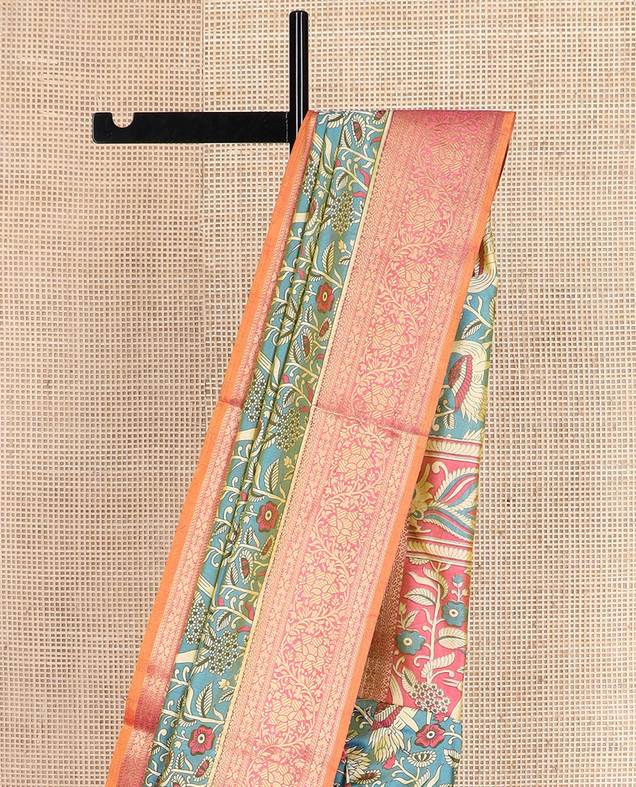 Blue flora and fauna motifs patola silk saree, contrast floral design zari border, and pallu of floral and bird motifs