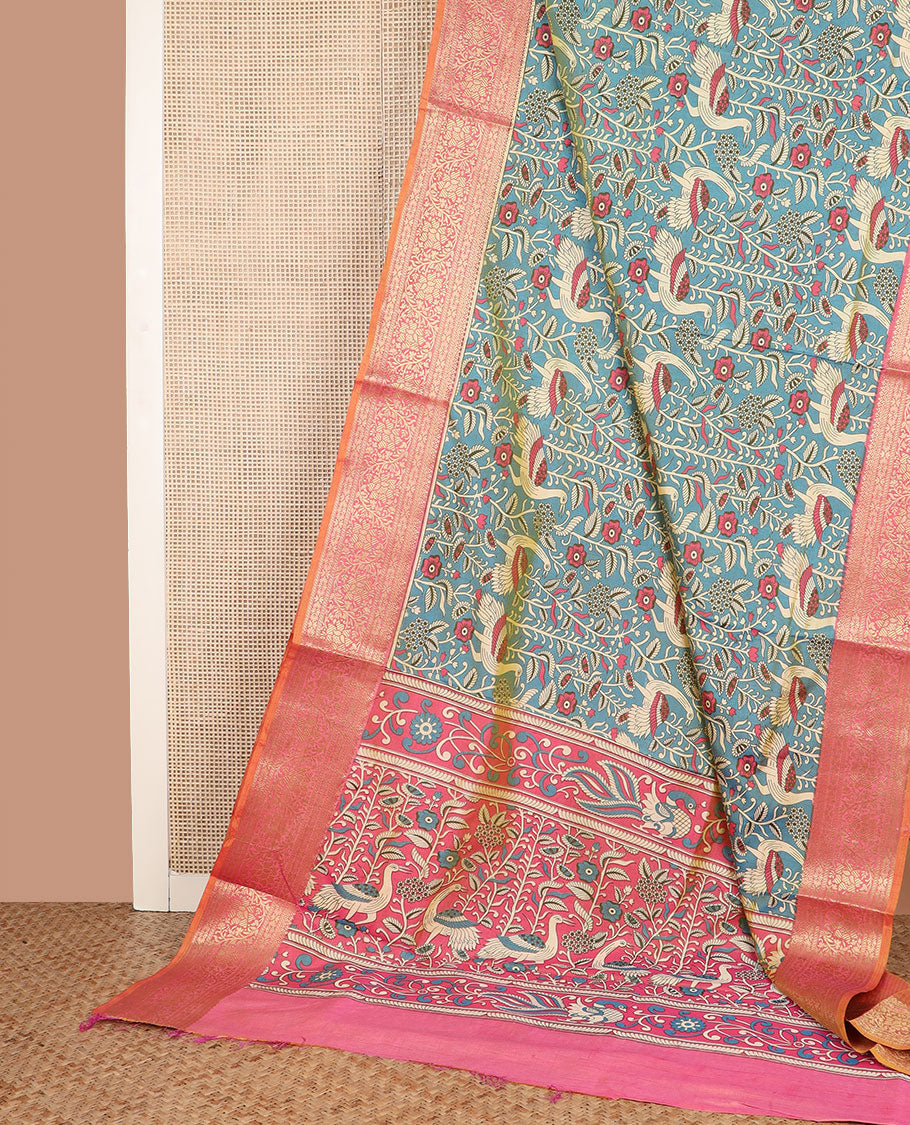 Blue flora and fauna motifs patola silk saree, contrast floral design zari border, and pallu of floral and bird motifs