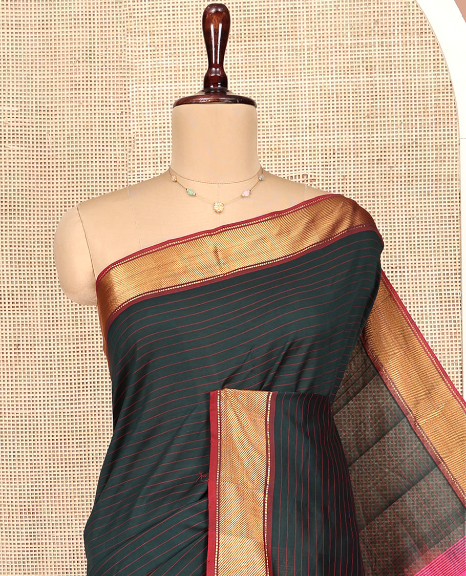 Black Striped Poly Cotton Saree, Complemented by Contrast Zari Border, Zari Design Pallu, and Paired with a Contrast Blouse