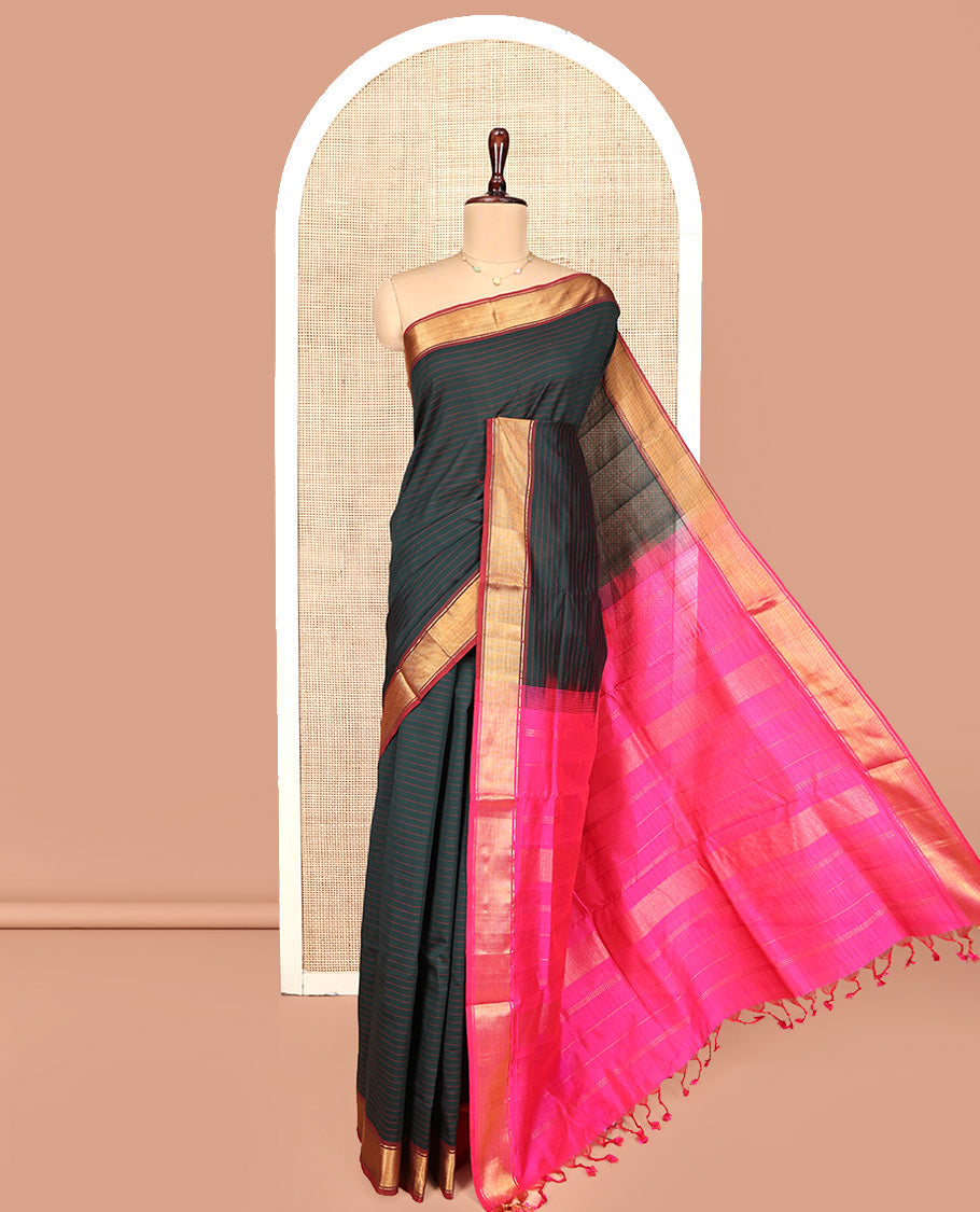Black Striped Poly Cotton Saree, Complemented by Contrast Zari Border, Zari Design Pallu, and Paired with a Contrast Blouse