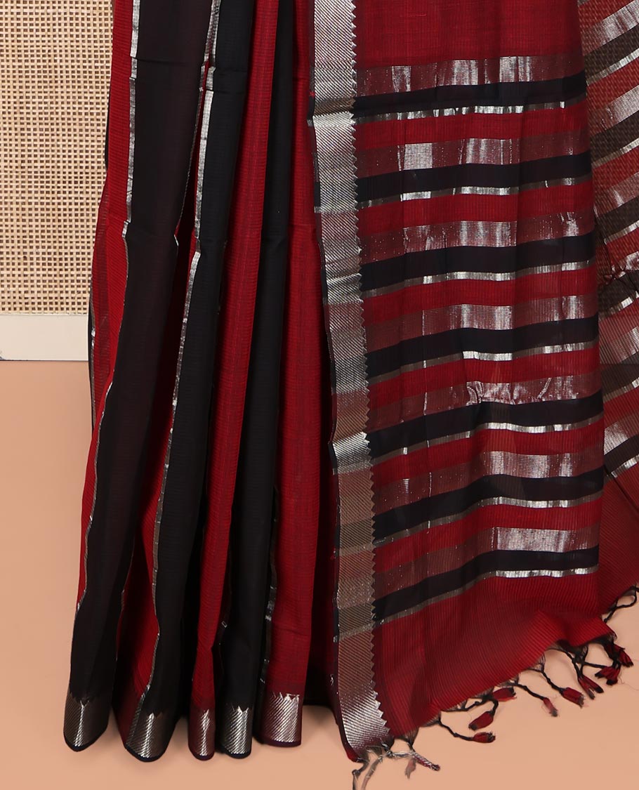 Red-Black Mangalgiri Cotton Saree, Sparsely Woven with Stripes on Its Body, Highlighted by Zari Temple Border, Zari-Striped Pallu, and Paired with a Matching Blouse