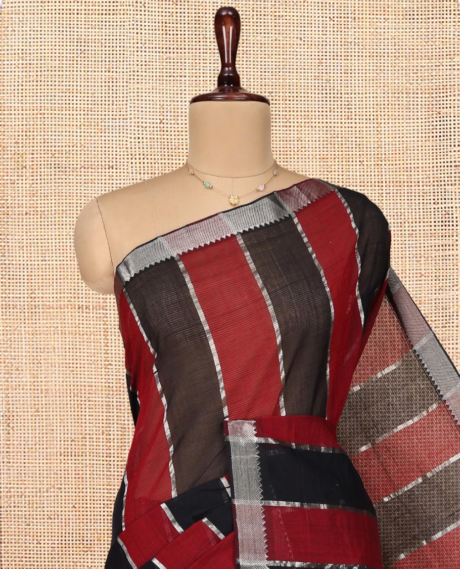 Red-Black Mangalgiri Cotton Saree, Sparsely Woven with Stripes on Its Body, Highlighted by Zari Temple Border, Zari-Striped Pallu, and Paired with a Matching Blouse