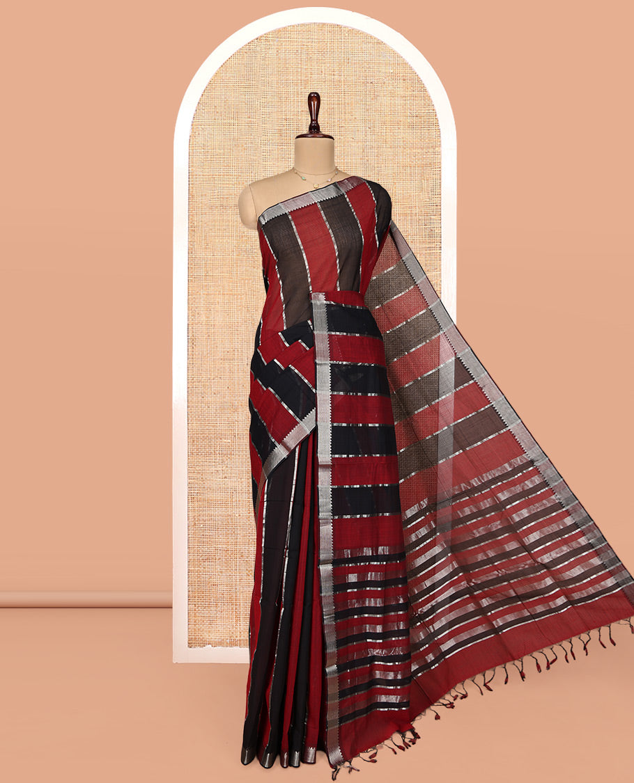 Red-Black Mangalgiri Cotton Saree, Sparsely Woven with Stripes on Its Body, Highlighted by Zari Temple Border, Zari-Striped Pallu, and Paired with a Matching Blouse